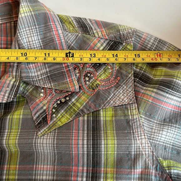 Wrangler Rock 47 snap western shirt steer yoke gray plaid bedazzle shoulder back - Picture 13 of 16